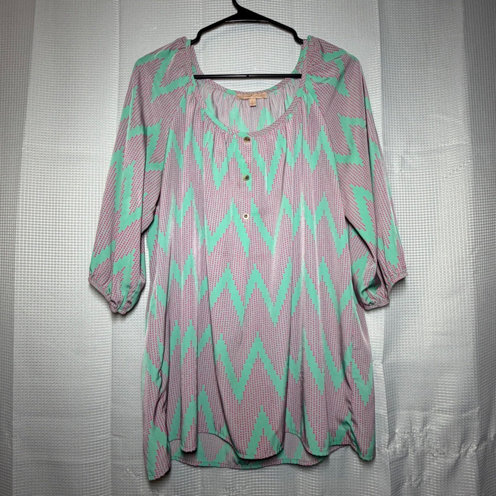 Gibson‎ Latimer Tunic Blouse L Teal Pink Geometric Dot 3/4 Sleeve Button Front